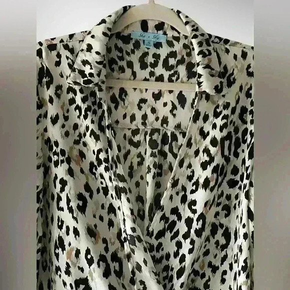 LEOPARD Print WRAP Front BLOUSE With Tie Sleeves High Low Black White Small - Picture 7 of 8